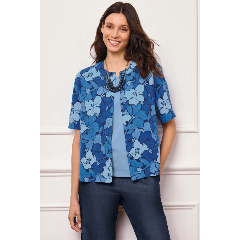 MAYAMANG Women's Floral Print V-Neck Tunic Top - Short Sleeve Button-Up Blouse (Floral Blue, XX-Large)
